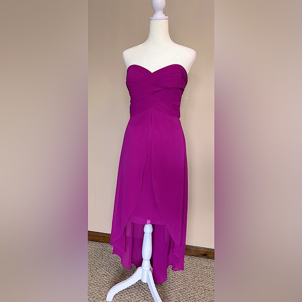 David’s Bridal Bridesmaid high-low strapless gown. Size 10. Fuchsia.